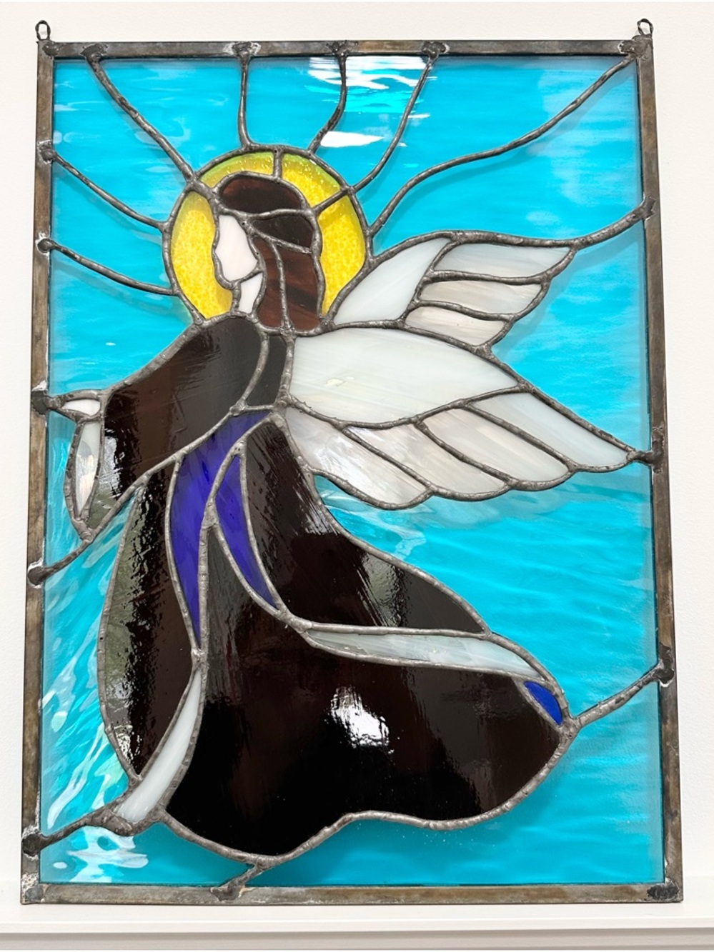 Stained Glass Angel Window Panel in Burgundy, White, Blue, Yellow 19 x 14 inches - Picture 3 of 14